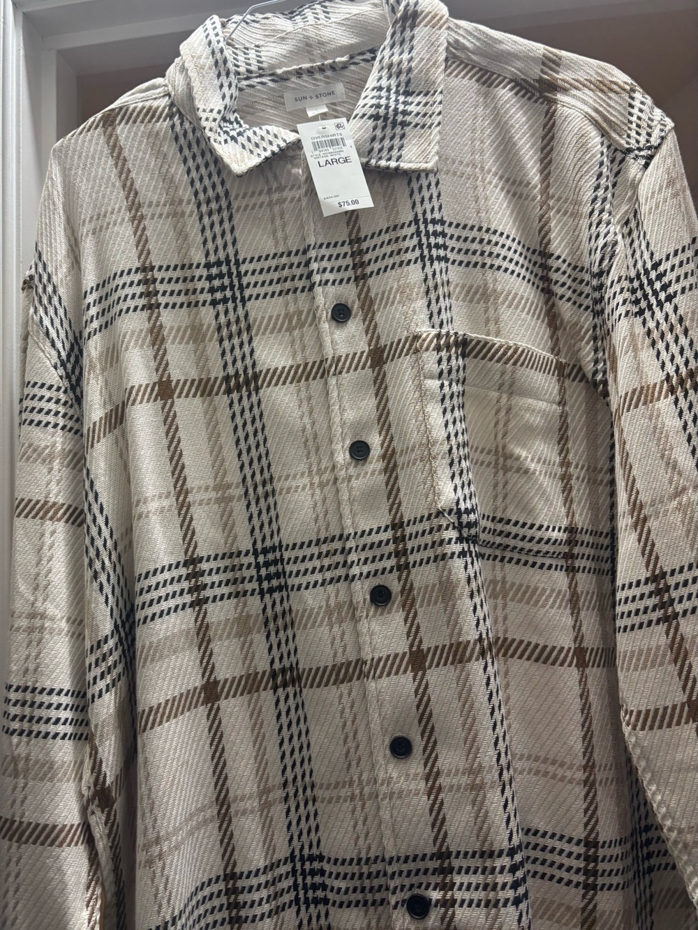 Sun + Stone Cream & Brown Plaid Button-Down Shirt